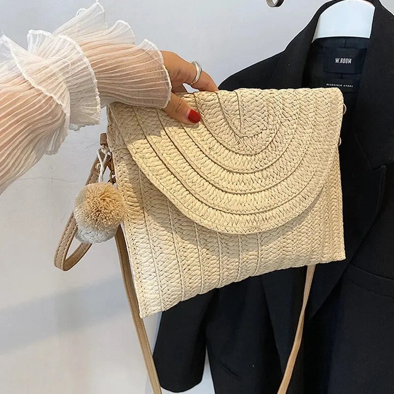 Bolsa de ombro crossbody de palha artesanal para meninas envelope tecido verão pequena bola de cabelo cluth