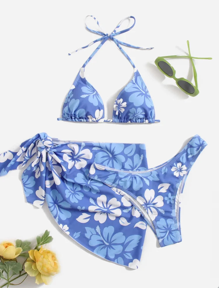 Conjunto de três peças de biquíni com saia de maiô sexy europeu e americano