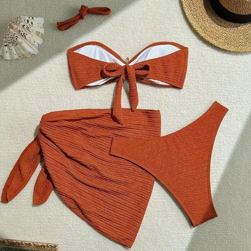 Metal estrela do mar marrom bandeau biquinis define 3 peça sexy maiôs cobrir mulheres 2025 férias banho de corte alto banhista beach wear