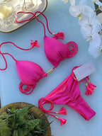 Conjunto de biquíni bandagem ajustável feminino, trajes de banho sexy, maiô monocromático triângulo, moda praia feminina, verão, 2023