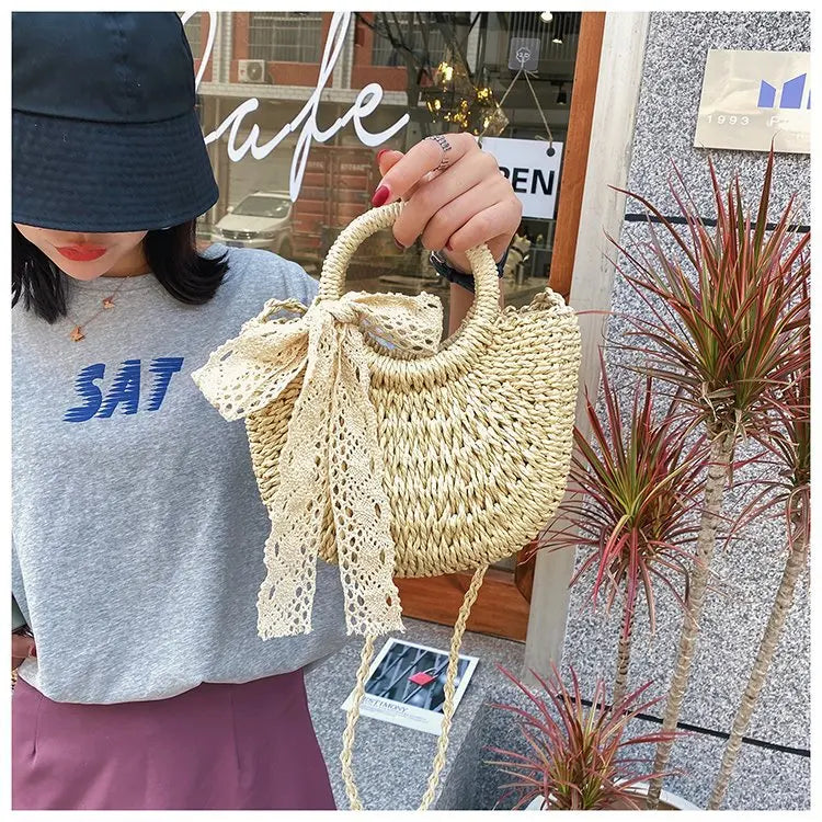 Saco de palha tecido à mão das mulheres, lua-forma, laço, rattan, grande capacidade, cordão, casual, praia, ombro, crossbody