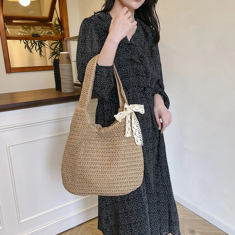 Moda rattan mulheres sacos de ombro tecido bolsas femininas grande capacidade verão praia sacos palha casual tote bolsas