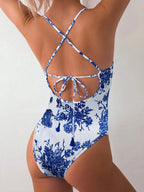 2025 novo biquíni de exportação europeu e americano de uma peça, maiô sexy apertado estampado azul e branco, chinês-