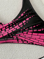 [Bikini chique com estampa geométrica] Conjunto de biquíni chique de cintura alta – Estampa geométrica preta e rosa, poliéster elástico/mistura de elastano, M