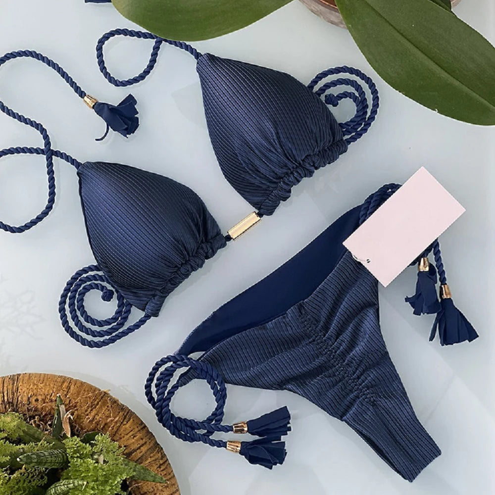 Conjunto de biquíni bandagem ajustável feminino, trajes de banho sexy, maiô monocromático triângulo, moda praia feminina, verão, 2023