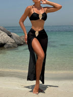 Vintage branco maiô feminino metal ostra fivela push up malha saia longa 3 peça conjunto de biquíni 2025 férias maiô