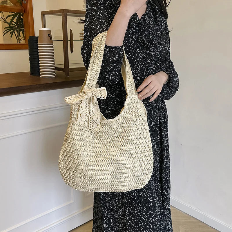 Moda rattan mulheres sacos de ombro tecido bolsas femininas grande capacidade verão praia sacos palha casual tote bolsas