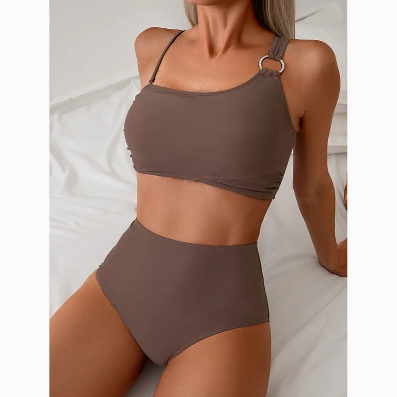Biquíni feminino de cintura alta, alças finas, estilingue, push up, regata separada, duas peças, roupa de banho sem costas