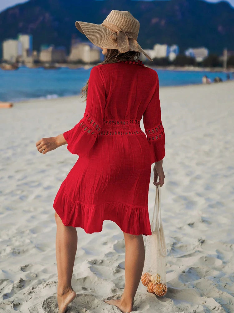 Verão crochê boho praia maiô bikini cobrir rendas hairball blusa longa oco para fora aberto frente cover-up espanador quimono