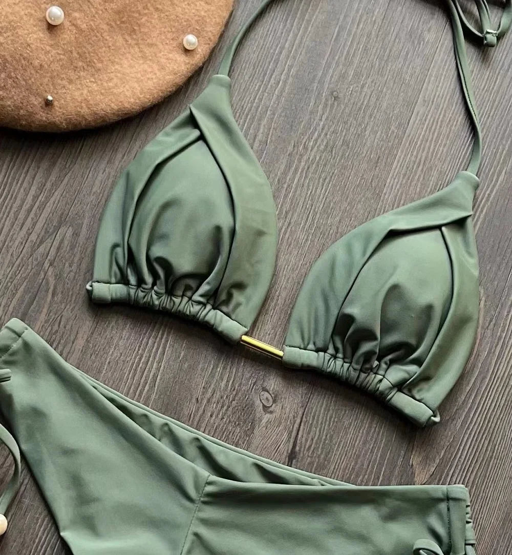 2025 novo sexy triângulo maiô para mulheres biquinis brasileiros halter banho push up maiô corrente de metal praia conjunto biquíni