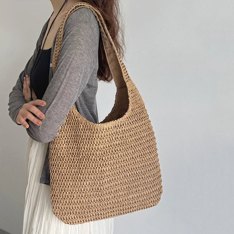 Moda rattan mulheres sacos de ombro tecido bolsas femininas grande capacidade verão praia sacos palha casual tote bolsas