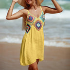 2025 crochê malha emenda padrão colorido v pescoço túnica beach wear oco bikini cobrir vestido beach wear sarong maiô