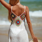2025 crochê malha emenda padrão colorido v pescoço túnica beach wear oco bikini cobrir vestido beach wear sarong maiô