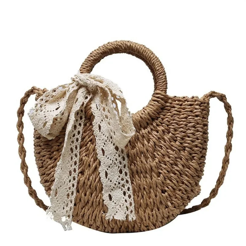 Saco de palha tecido à mão das mulheres, lua-forma, laço, rattan, grande capacidade, cordão, casual, praia, ombro, crossbody