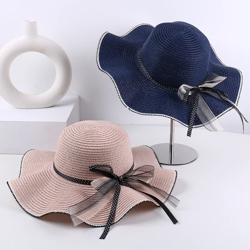 Aba ondulada elegante e versátil casual respirável arco decoração ao ar livre parque de viagem piquenique praia férias sol sombreamento chapéu