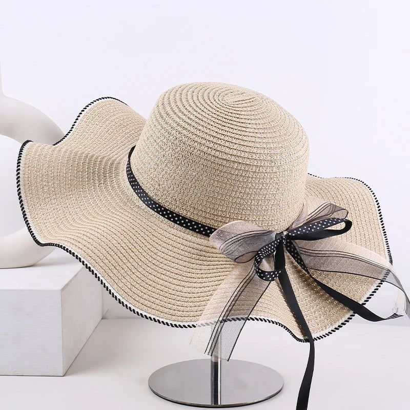 Aba ondulada elegante e versátil casual respirável arco decoração ao ar livre parque de viagem piquenique praia férias sol sombreamento chapéu