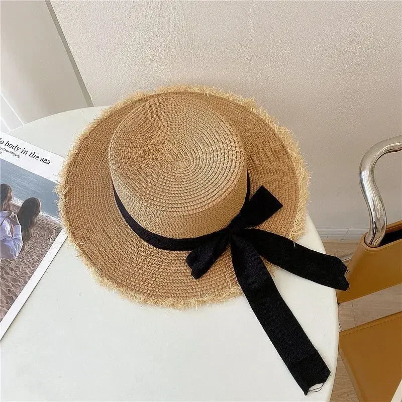 Chapéu de praia japonês tudo borda peluda chapéu de palha feminino verão plana superior passeio chapéu de sol pequeno arco fresco sombra de sol chapéu de praia