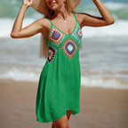 2025 crochê malha emenda padrão colorido v pescoço túnica beach wear oco bikini cobrir vestido beach wear sarong maiô