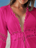 Verão crochê boho praia maiô bikini cobrir rendas hairball blusa longa oco para fora aberto frente cover-up espanador quimono