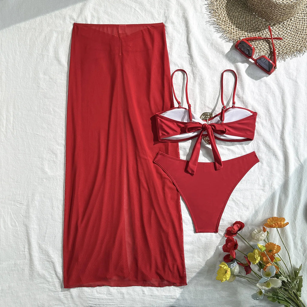 Vintage branco maiô feminino metal ostra fivela push up malha saia longa 3 peça conjunto de biquíni 2025 férias maiô