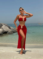 Vintage branco maiô feminino metal ostra fivela push up malha saia longa 3 peça conjunto de biquíni 2025 férias maiô