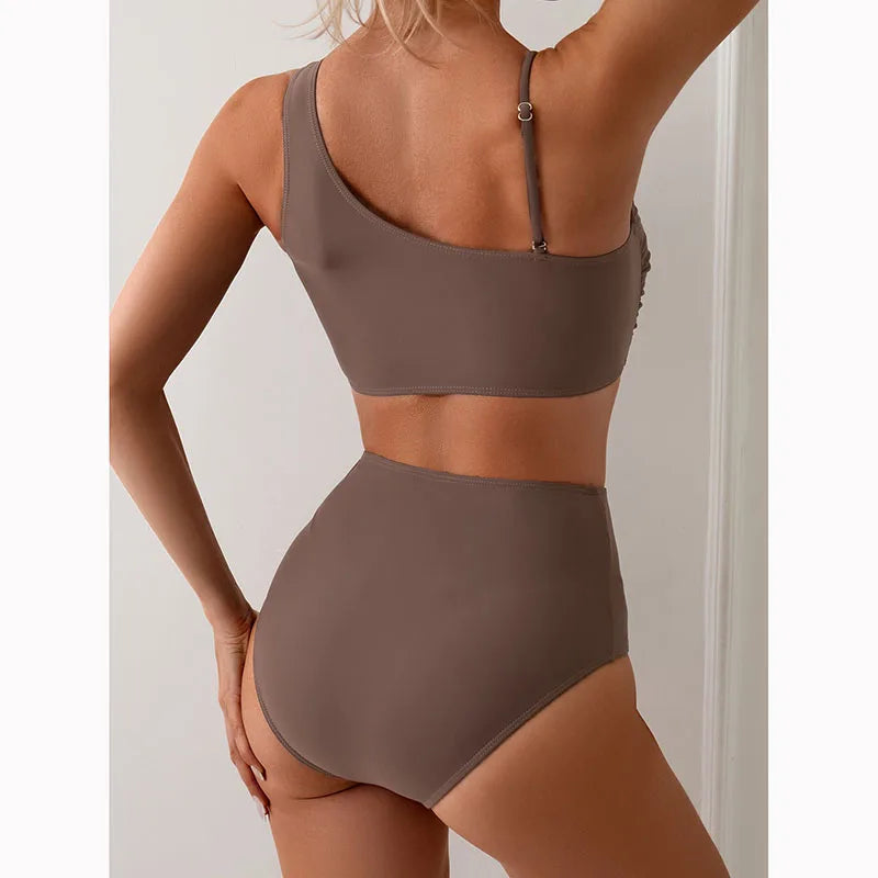 Biquíni feminino de cintura alta, alças finas, estilingue, push up, regata separada, duas peças, roupa de banho sem costas