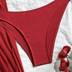 Vintage branco maiô feminino metal ostra fivela push up malha saia longa 3 peça conjunto de biquíni 2025 férias maiô