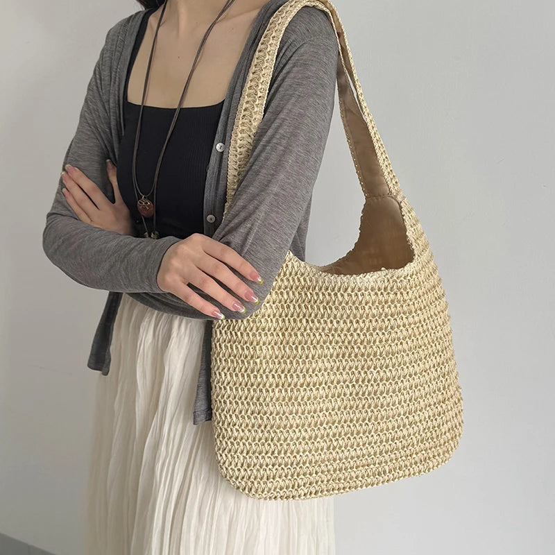 Moda rattan mulheres sacos de ombro tecido bolsas femininas grande capacidade verão praia sacos palha casual tote bolsas