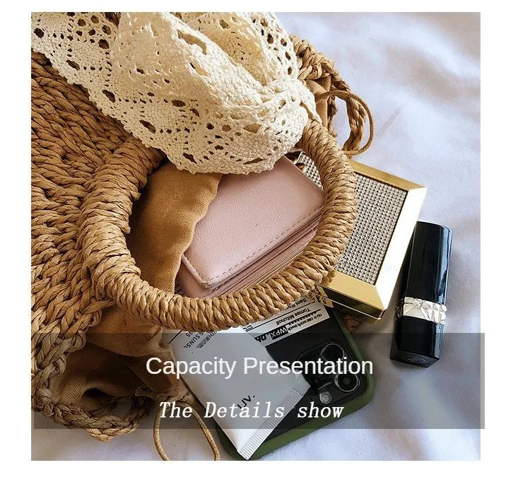 Saco de palha tecido à mão das mulheres, lua-forma, laço, rattan, grande capacidade, cordão, casual, praia, ombro, crossbody