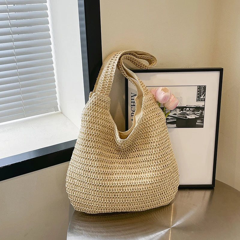 Moda rattan mulheres sacos de ombro tecido bolsas femininas grande capacidade verão praia sacos palha casual tote bolsas