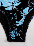 2025 Maiô feminino de 1 peça com combinação de pescoço estampado tropical – tecido de alta elasticidade, flor preta azul vibrante Desi