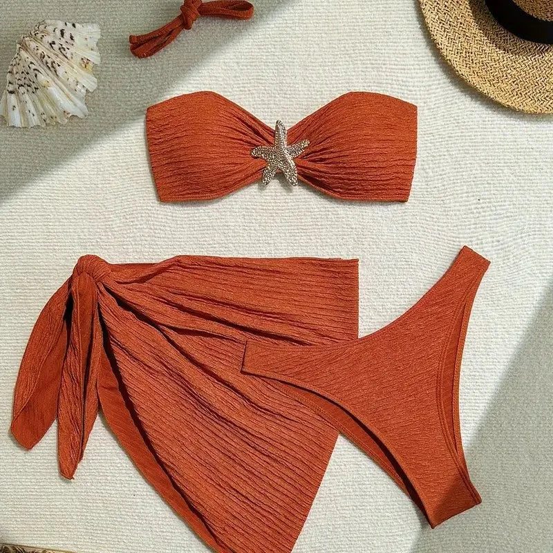 Metal estrela do mar marrom bandeau biquinis define 3 peça sexy maiôs cobrir mulheres 2025 férias banho de corte alto banhista beach wear