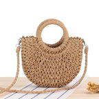 Saco de palha tecido à mão das mulheres, lua-forma, laço, rattan, grande capacidade, cordão, casual, praia, ombro, crossbody
