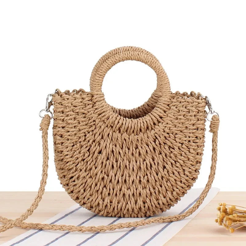 Saco de palha tecido à mão das mulheres, lua-forma, laço, rattan, grande capacidade, cordão, casual, praia, ombro, crossbody