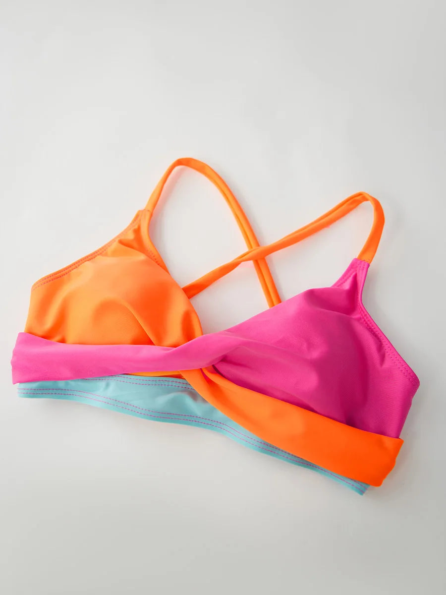 Feminino 2 peças conjunto de biquíni retalhos com decote em v sem mangas tops tanga bottoms praia maiô para mulher