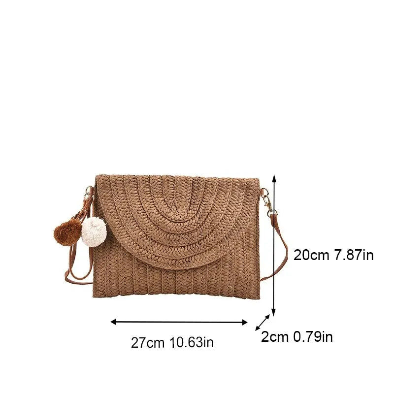 Bolsa de ombro crossbody de palha artesanal para meninas envelope tecido verão pequena bola de cabelo cluth