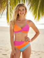 Feminino 2 peças conjunto de biquíni retalhos com decote em v sem mangas tops tanga bottoms praia maiô para mulher