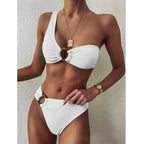 Sexy bandeau bikini maiô anel de ombro único cor pura fino ajuste roupa de banho feminina cross-border beachwear tankini conjunto