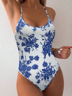 2025 novo biquíni de exportação europeu e americano de uma peça, maiô sexy apertado estampado azul e branco, chinês-