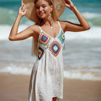2025 crochê malha emenda padrão colorido v pescoço túnica beach wear oco bikini cobrir vestido beach wear sarong maiô