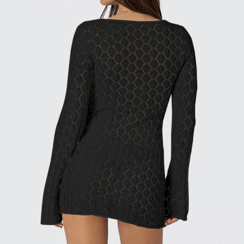 Novo estilo de malha cor sólida vestido de manga longa sexy oco para fora magro-ajuste beachwear cobrir praia férias roupas de proteção solar