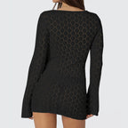 Novo estilo de malha cor sólida vestido de manga longa sexy oco para fora magro-ajuste beachwear cobrir praia férias roupas de proteção solar