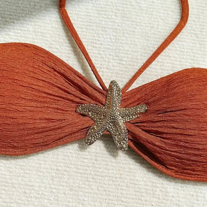 Metal estrela do mar marrom bandeau biquinis define 3 peça sexy maiôs cobrir mulheres 2025 férias banho de corte alto banhista beach wear