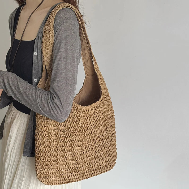 Moda rattan mulheres sacos de ombro tecido bolsas femininas grande capacidade verão praia sacos palha casual tote bolsas