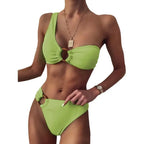 Sexy bandeau bikini maiô anel de ombro único cor pura fino ajuste roupa de banho feminina cross-border beachwear tankini conjunto