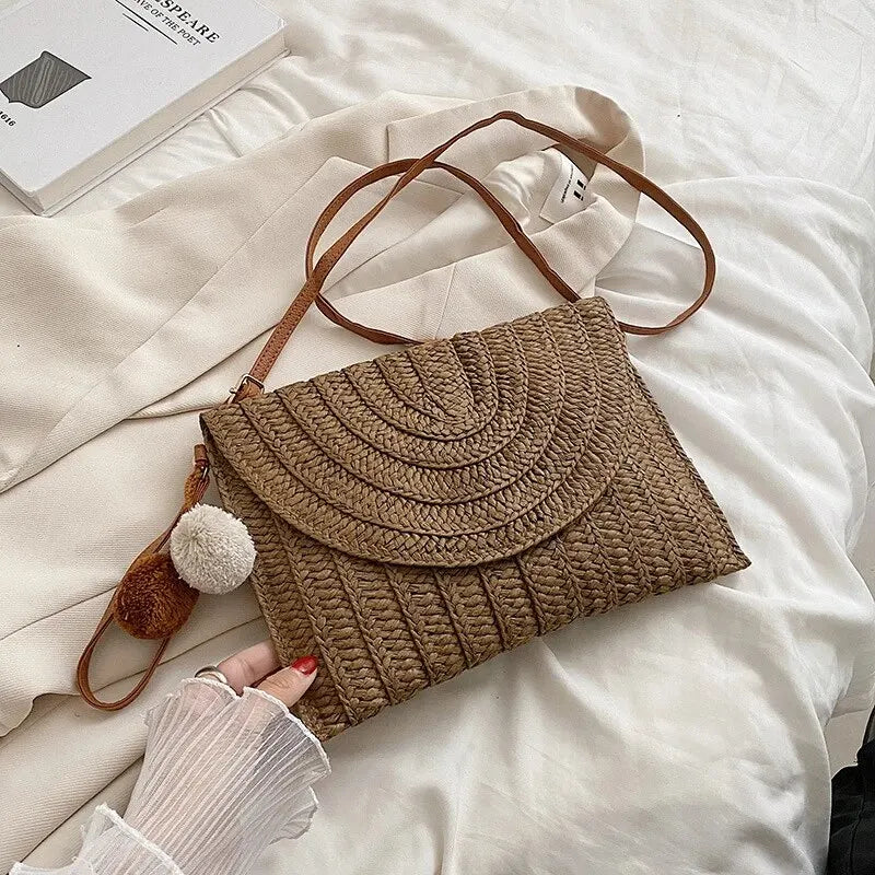 Bolsa de ombro crossbody de palha artesanal para meninas envelope tecido verão pequena bola de cabelo cluth