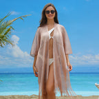 Malha de crochê feminino escavar roupa de banho, maiô cobrir, maiô, cardigan para piscina de praia, quimono brilho brilho