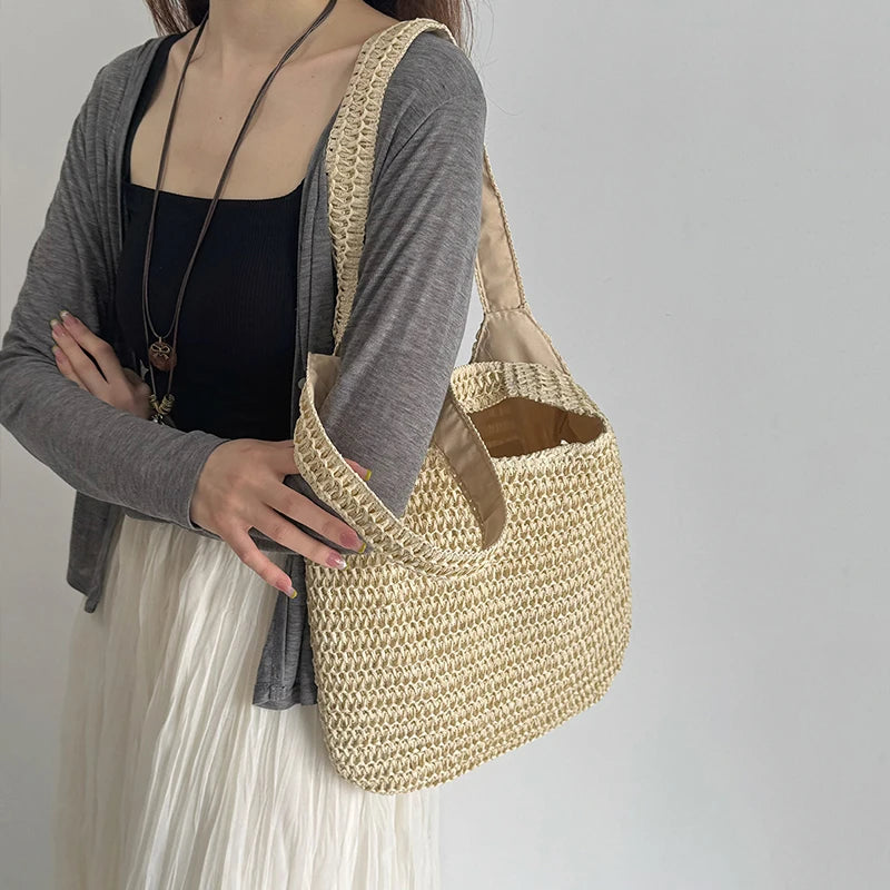 Moda rattan mulheres sacos de ombro tecido bolsas femininas grande capacidade verão praia sacos palha casual tote bolsas