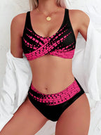 [Bikini chique com estampa geométrica] Conjunto de biquíni chique de cintura alta – Estampa geométrica preta e rosa, poliéster elástico/mistura de elastano, M