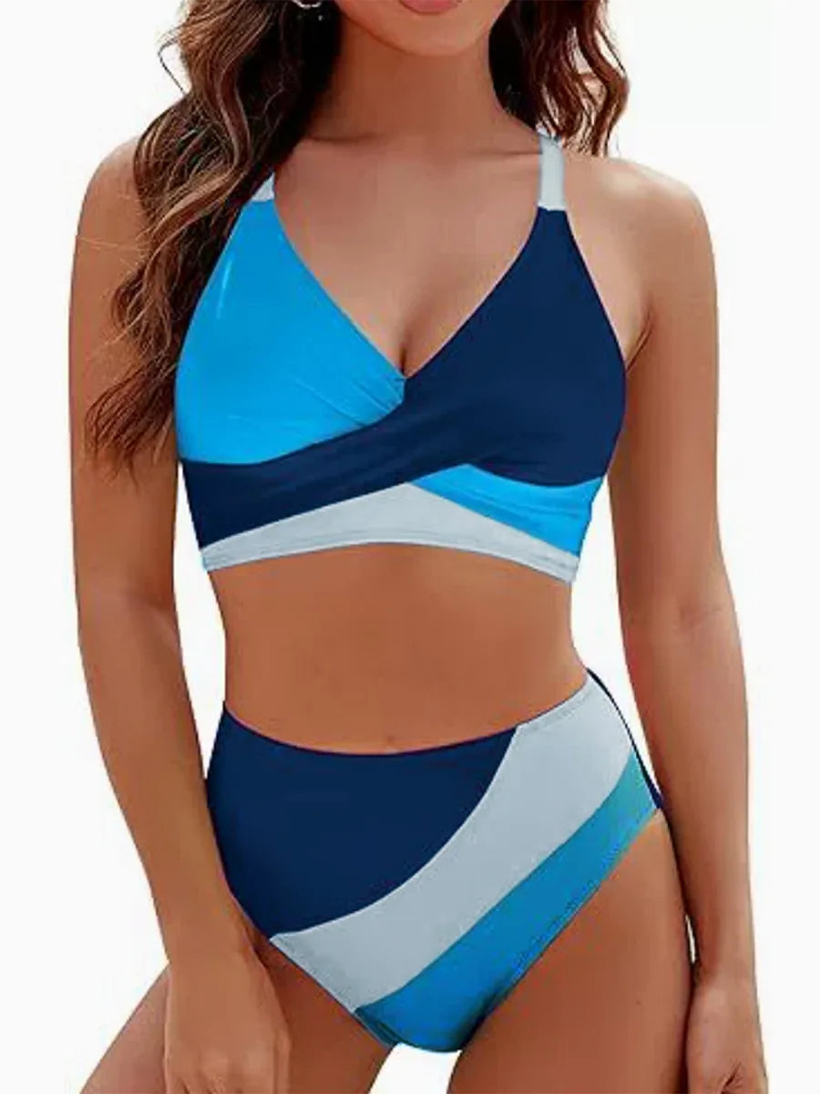 Feminino 2 peças conjunto de biquíni retalhos com decote em v sem mangas tops tanga bottoms praia maiô para mulher